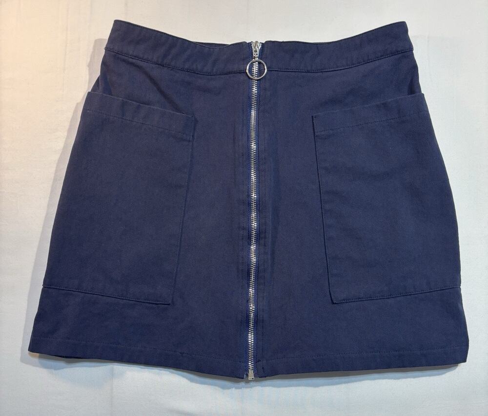 Fashion On Earth Blue Mini Skirt M Zip Front Ring Pull Utility Pockets